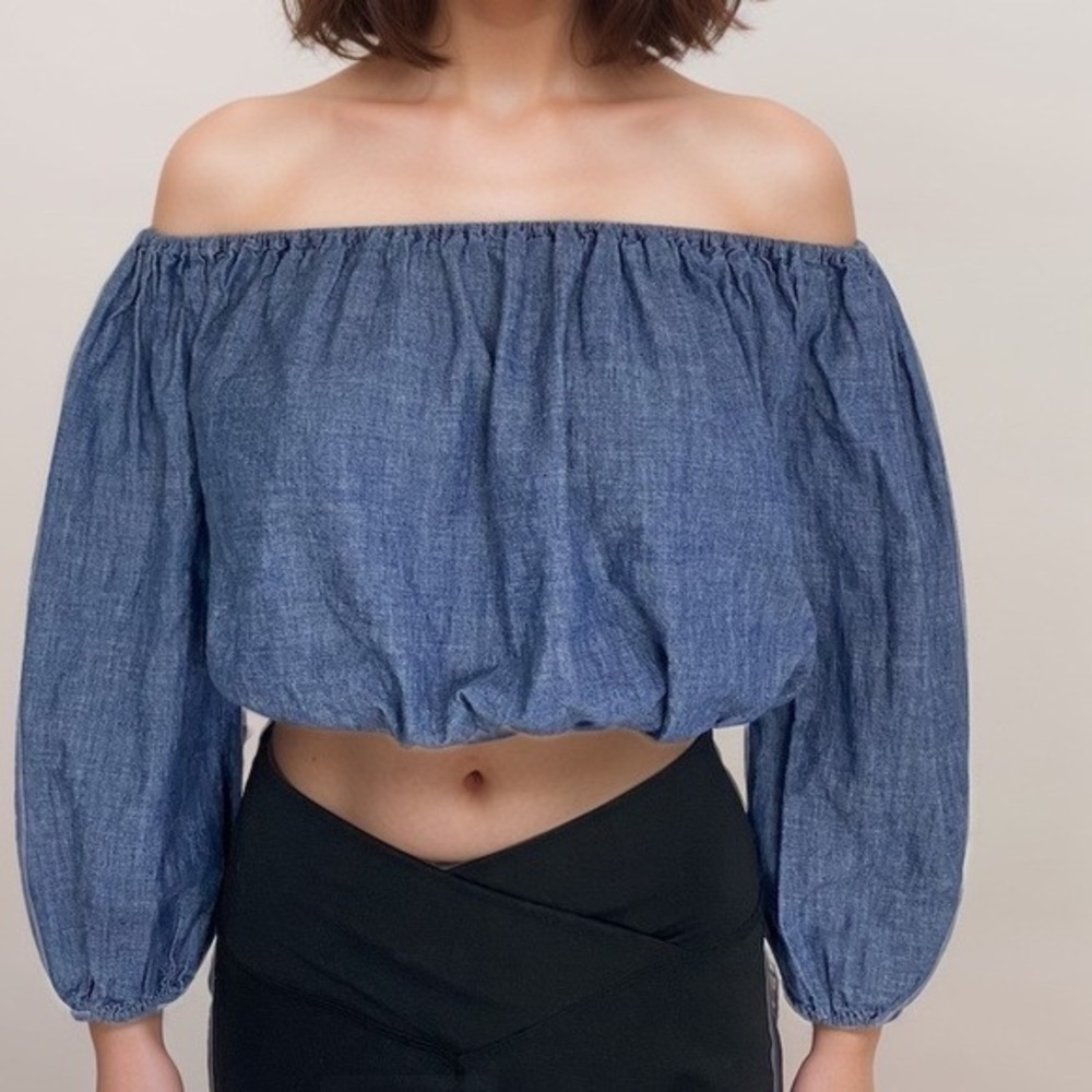 2/$30 Theory Blouse Top Sz S Blue Off-the-Shoulder Puff Sleeve Cropped Cotton
